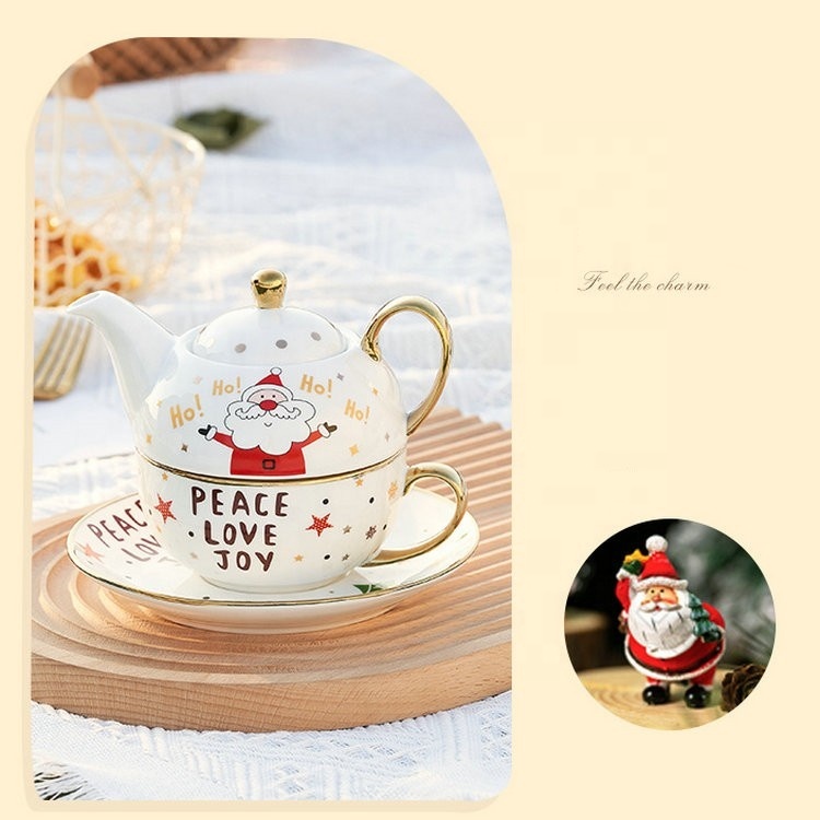 Christmas Custom Decal Printed  Luxury Handle Ceramic Tea Cup Sets Tea for One Set Tea Pots with Color Box