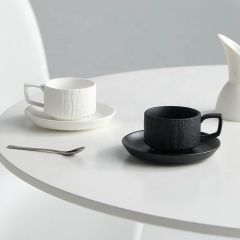 Nordic High Grade Ceramic Coffee Cup and Saucer Set  Premium White and Black Stone Textured Espresso Cup