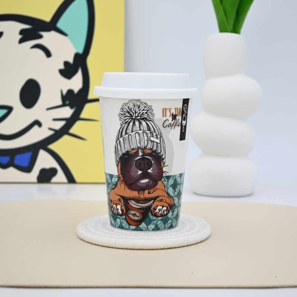 2025 New Design Cute Dog Coffee Mug Ceramic Double Wall Travel Mug With Silicone Mug Lid