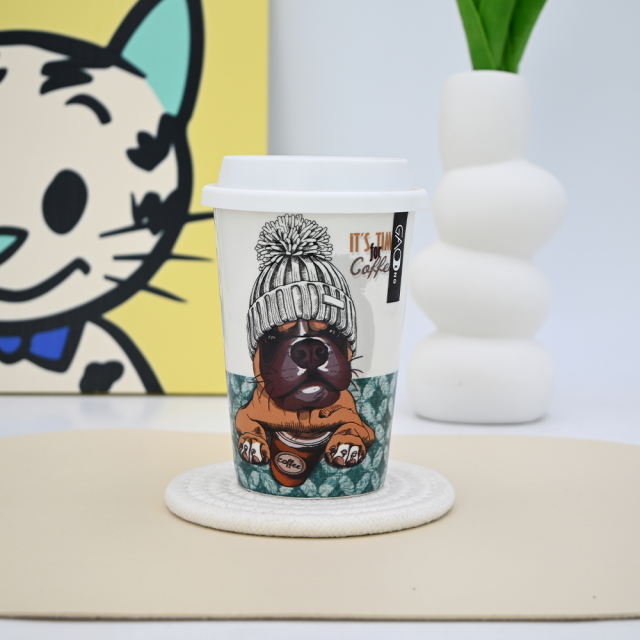 2025 New Design Cute Dog Coffee Mug Ceramic Double Wall Travel Mug With Silicone Mug Lid