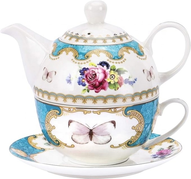 Wholesale Custom Decal Printed Nordic Porcelain Teapot Flower Tea Pot White Ceramic Tea Cup Set for One with Gift Box