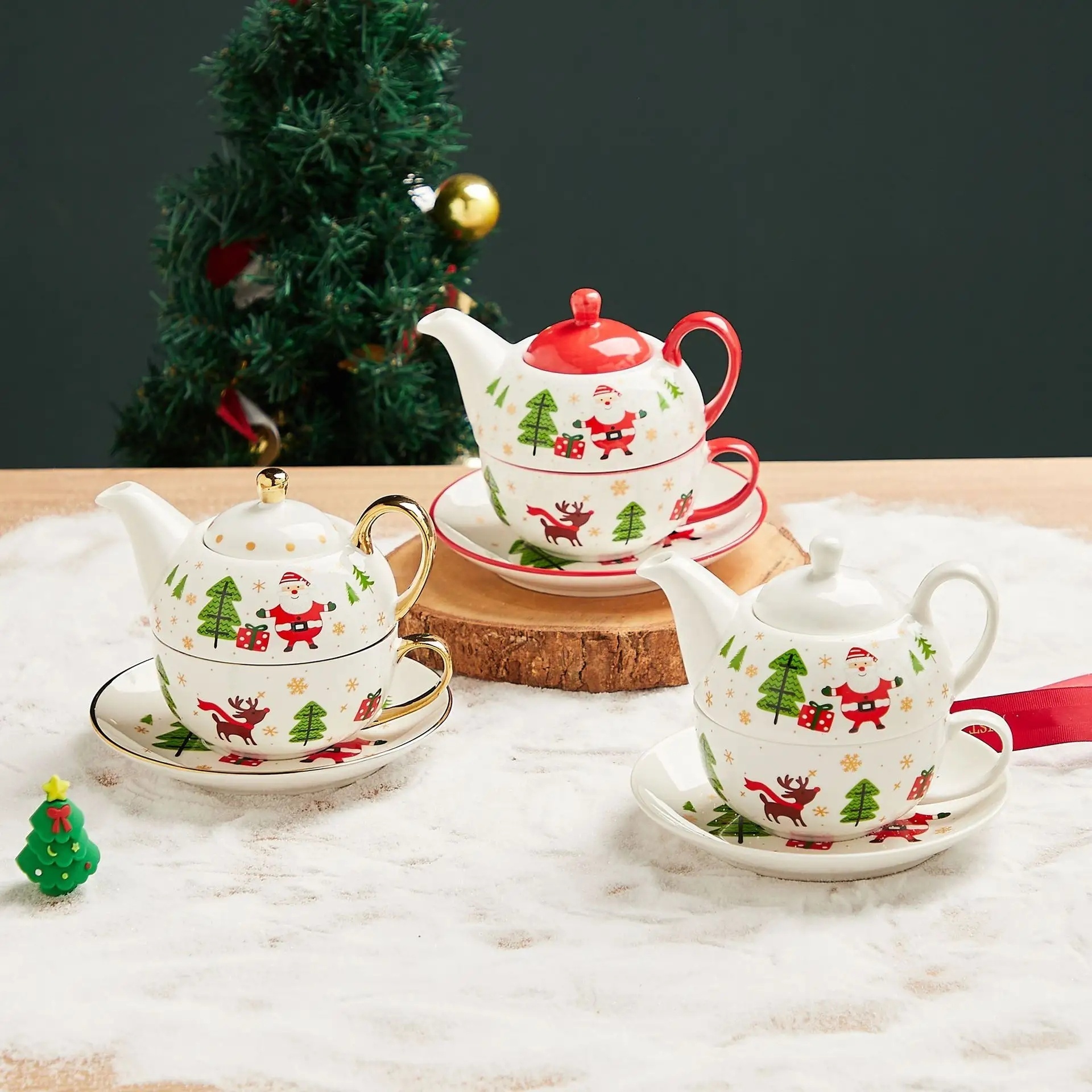 Christmas Ceramic Pot Coffee Cup and Saucer Set Color Box Ceramics Teapot Tea Cup Set for One