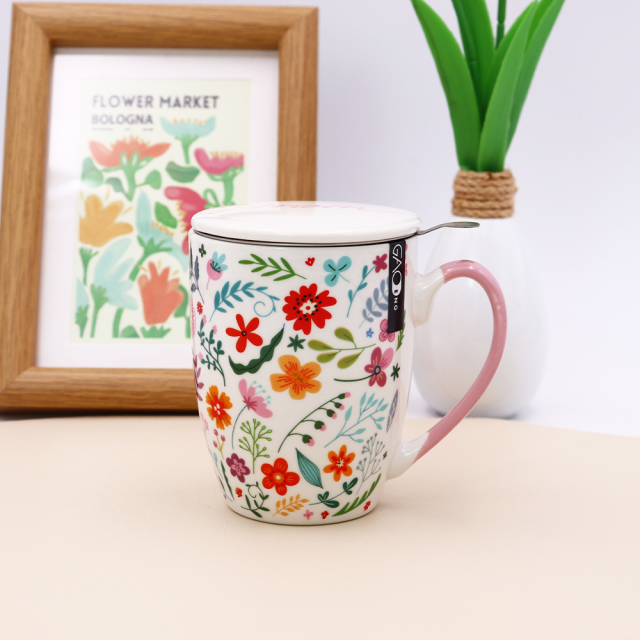 Beautiful  Flower Design Ceramic Chinese Tea Cup, Mother's Day Gift Mug with Infuser and Lid