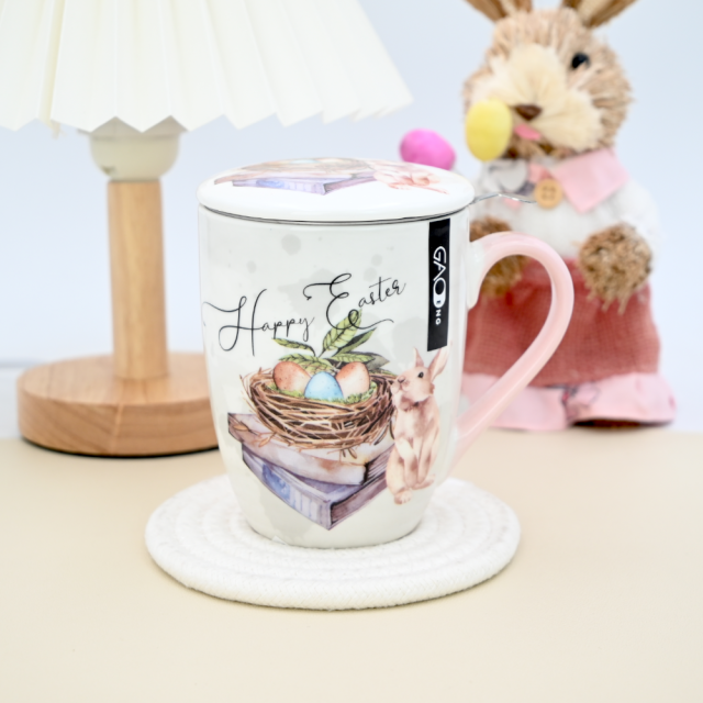 Custom 12oz  Bunny Ceramic Mug with Lid and Filter pink Green Gift Mug for Easter Day