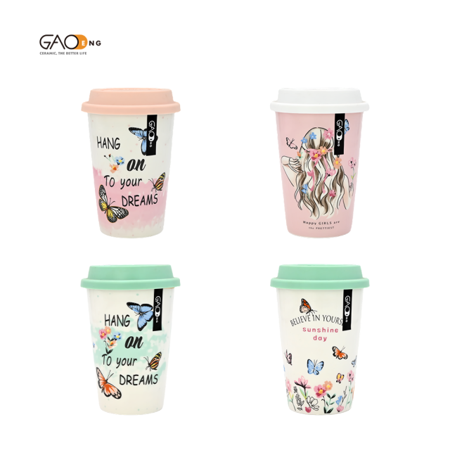 Customizable logo Eco-friendly Travel Ceramic Coffee Mug with Silicone Lid