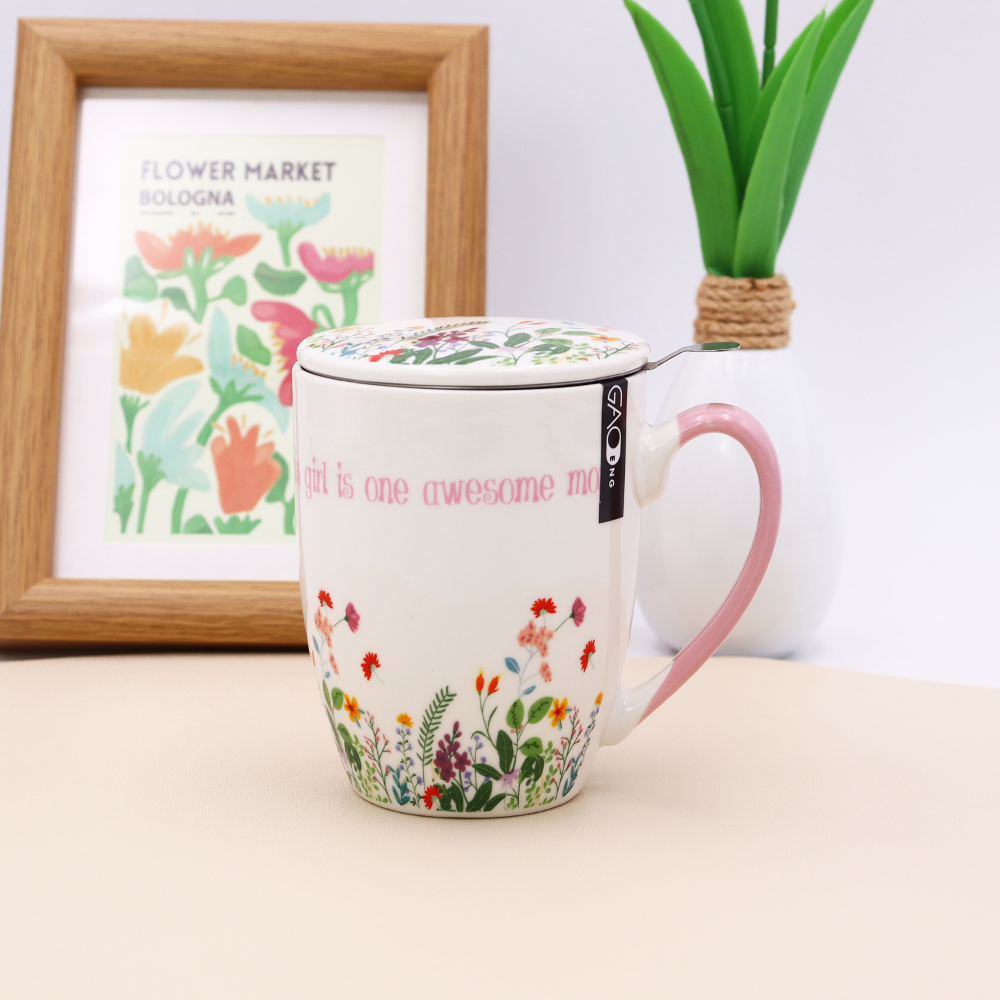 Beautiful  Flower Design Ceramic Chinese Tea Cup, Mother's Day Gift Mug with Infuser and Lid
