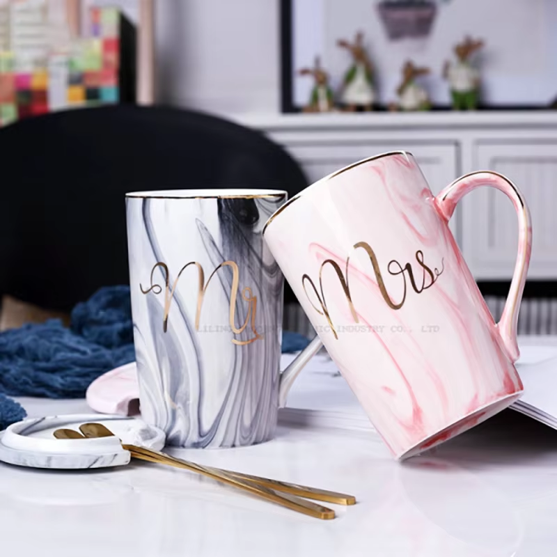 Custom logo European Marble Ceramic Mug Creative Wedding Gifts Mugs for Couple Coffee Mug Set