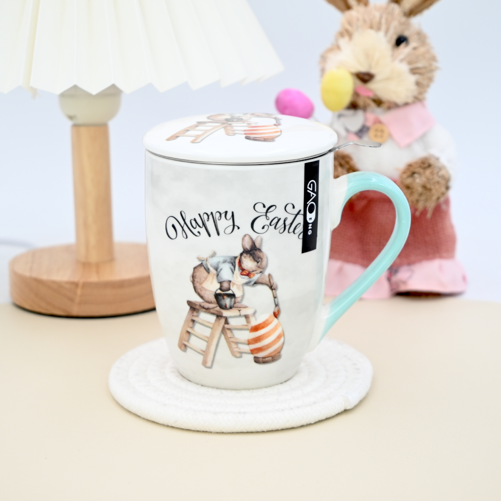 Custom 12oz  Bunny Ceramic Mug with Lid and Filter pink Green Gift Mug for Easter Day