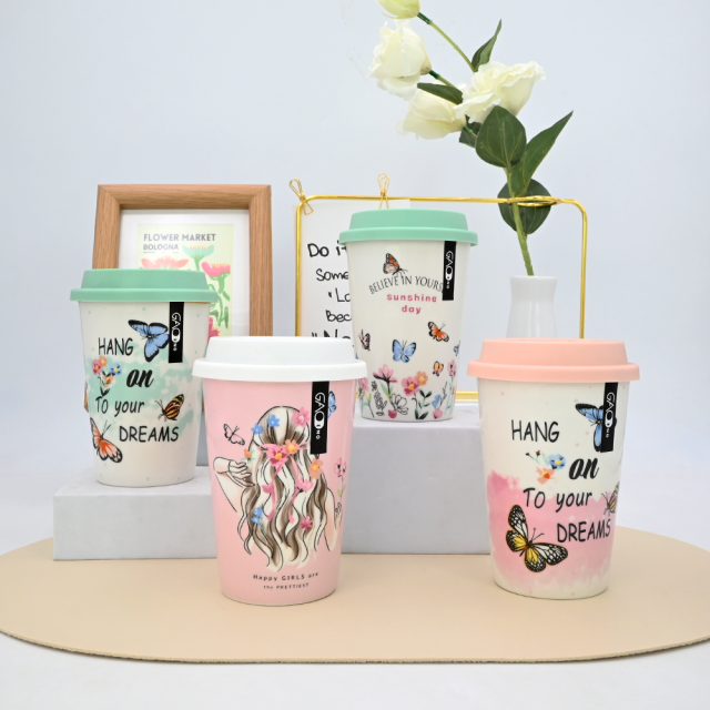 Customizable logo Eco-friendly Travel Ceramic Coffee Mug with Silicone Lid