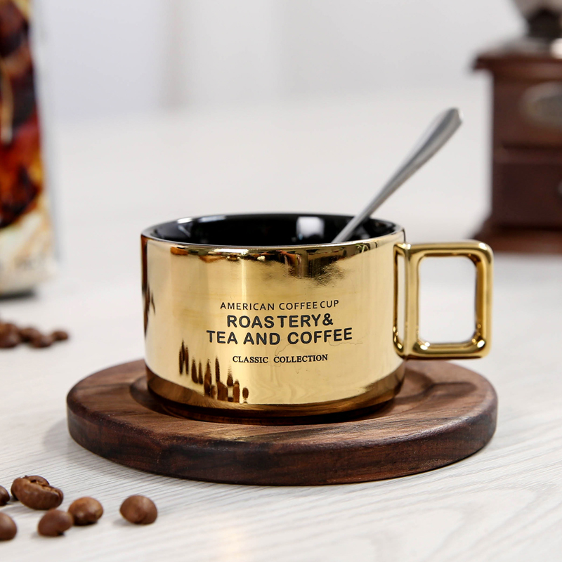 3OZ Ceramic Coffee Espresso Cup and Saucer with Reactive Glaze Small Gold Plating Cup with Wooden Plate Small  Tea Cup