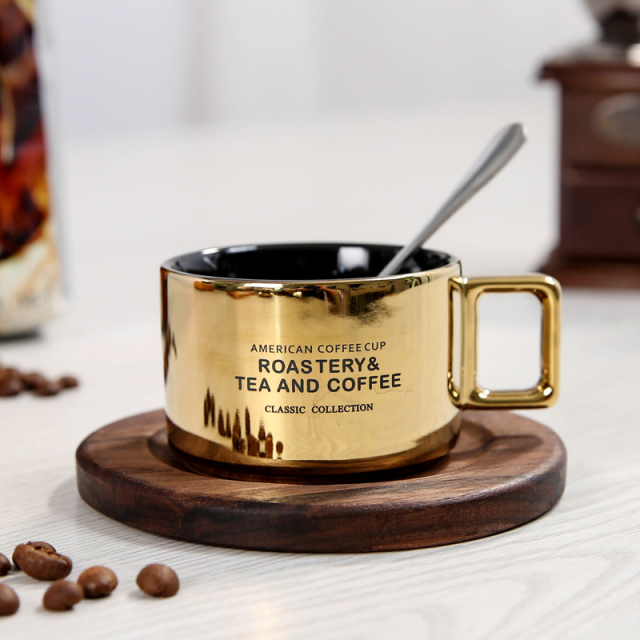 3OZ Ceramic Coffee Espresso Cup and Saucer with Reactive Glaze Small Gold Plating Cup with Wooden Plate Small  Tea Cup