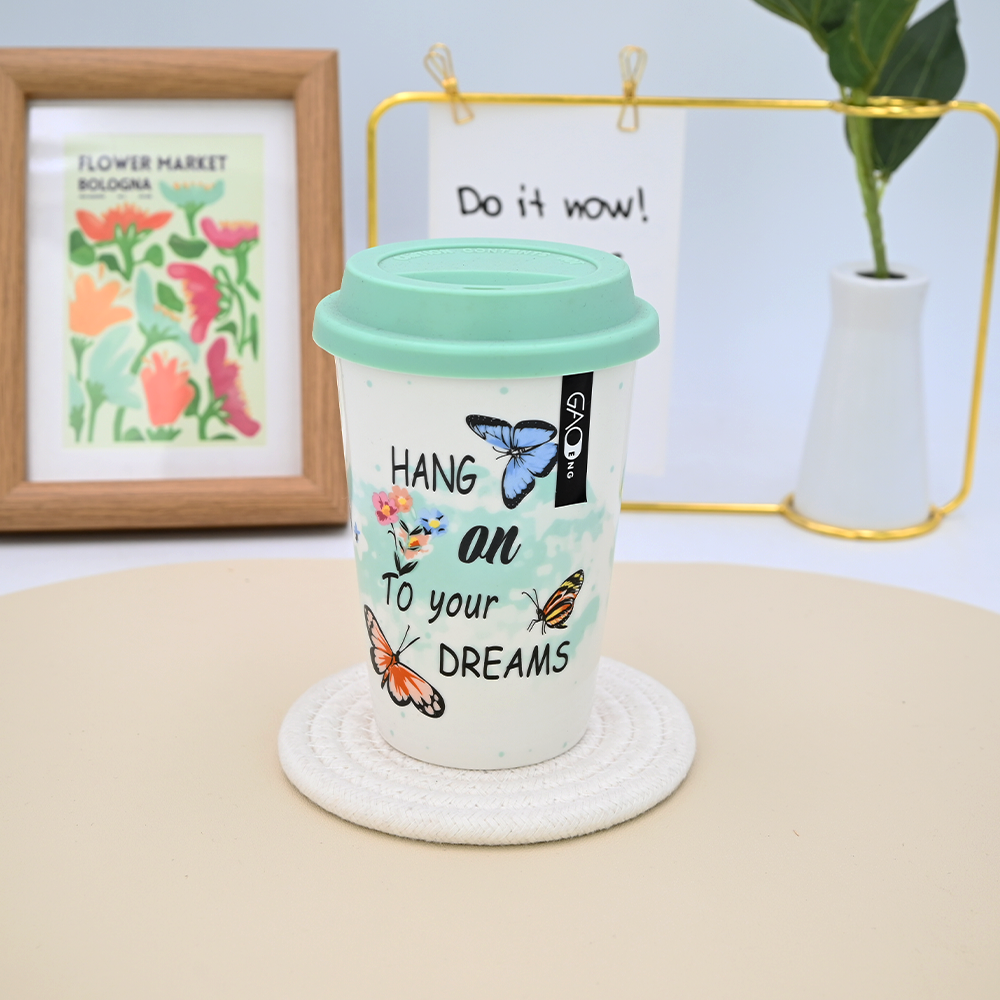 Customizable logo Eco-friendly Travel Ceramic Coffee Mug with Silicone Lid