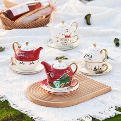 Christmas Custom Decal Printed  Luxury Handle Ceramic Tea Cup Sets Tea for One Set Tea Pots with Color Box
