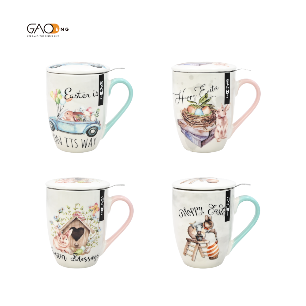 Custom 12oz  Bunny Ceramic Mug with Lid and Filter pink Green Gift Mug for Easter Day