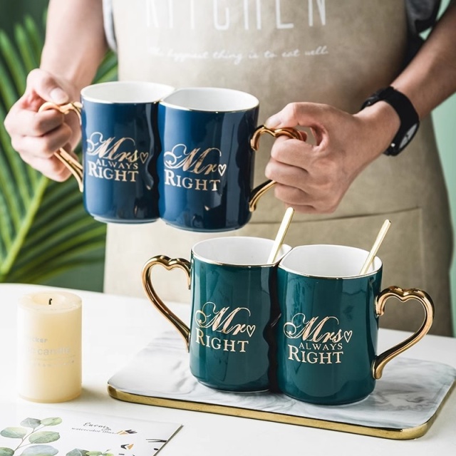 New Arrival Ceramic Couple Mug with Heart Shaped Handle Custom Printing Coffee Mug for Valentine's Day