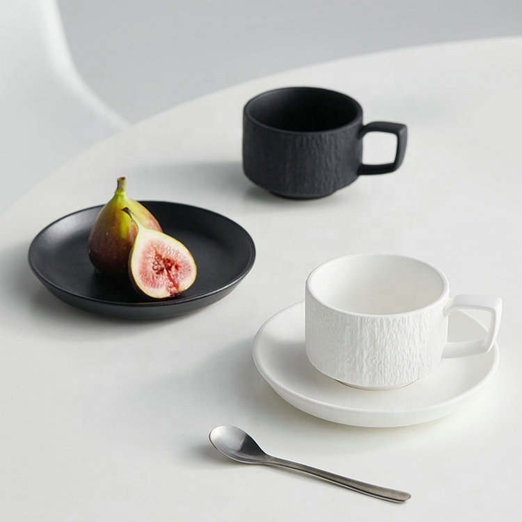 Nordic High Grade Ceramic Coffee Cup and Saucer Set  Premium White and Black Stone Textured Espresso Cup