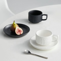 Nordic High Grade Ceramic Coffee Cup and Saucer Set  Premium White and Black Stone Textured Espresso Cup
