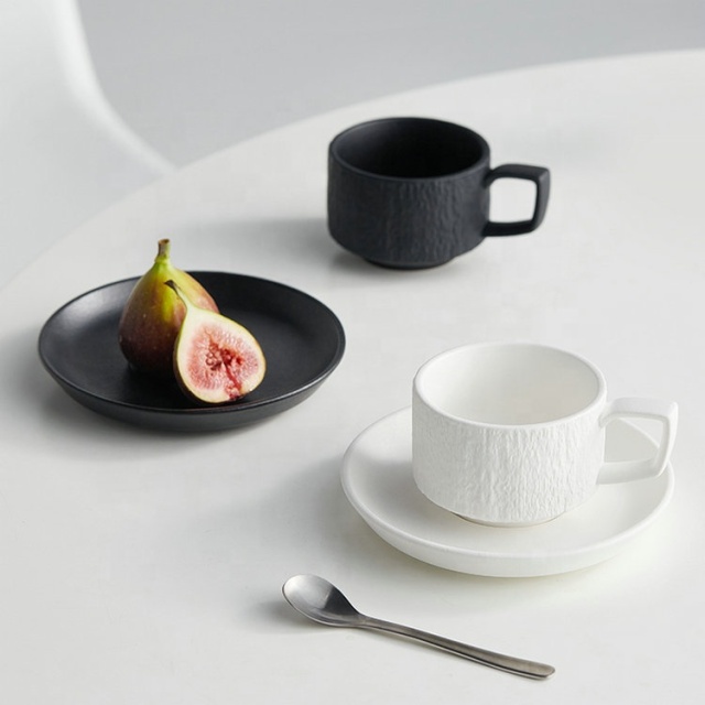 Nordic High Grade Ceramic Coffee Cup and Saucer Set  Premium White and Black Stone Textured Espresso Cup