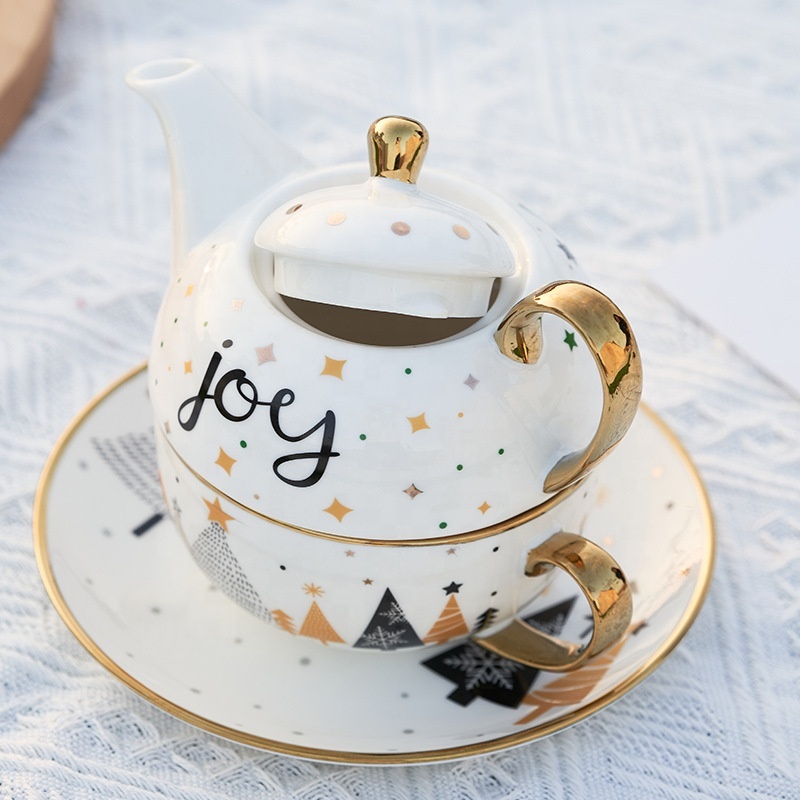 Christmas Custom Decal Printed  Luxury Handle Ceramic Tea Cup Sets Tea for One Set Tea Pots with Color Box