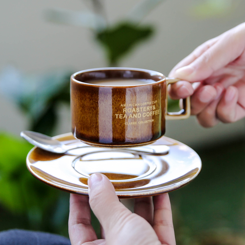 3OZ Ceramic Coffee Espresso Cup and Saucer with Reactive Glaze Small Gold Plating Cup with Wooden Plate Small  Tea Cup