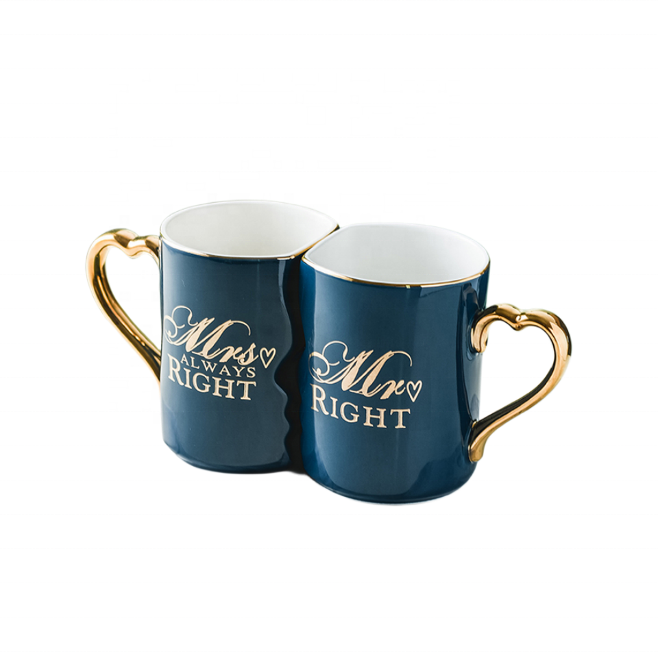 New Arrival Ceramic Couple Mug with Heart Shaped Handle Custom Printing Coffee Mug for Valentine's Day