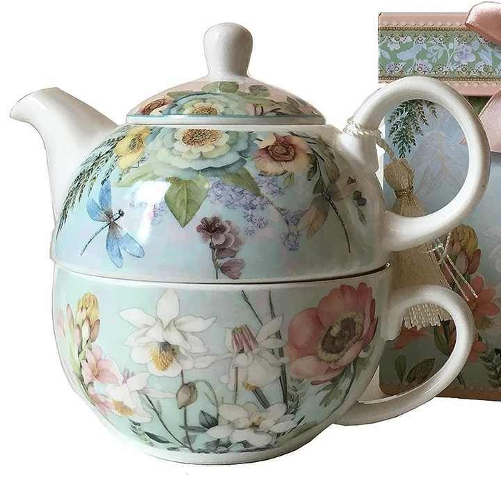 Wholesale Custom Decal Printed Nordic Porcelain Teapot Flower Tea Pot White Ceramic Tea Cup Set for One with Gift Box