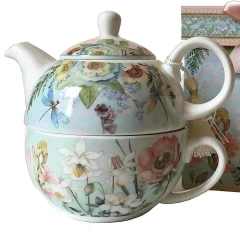 Wholesale Custom Decal Printed Nordic Porcelain Teapot Flower Tea Pot White Ceramic Tea Cup Set for One with Gift Box