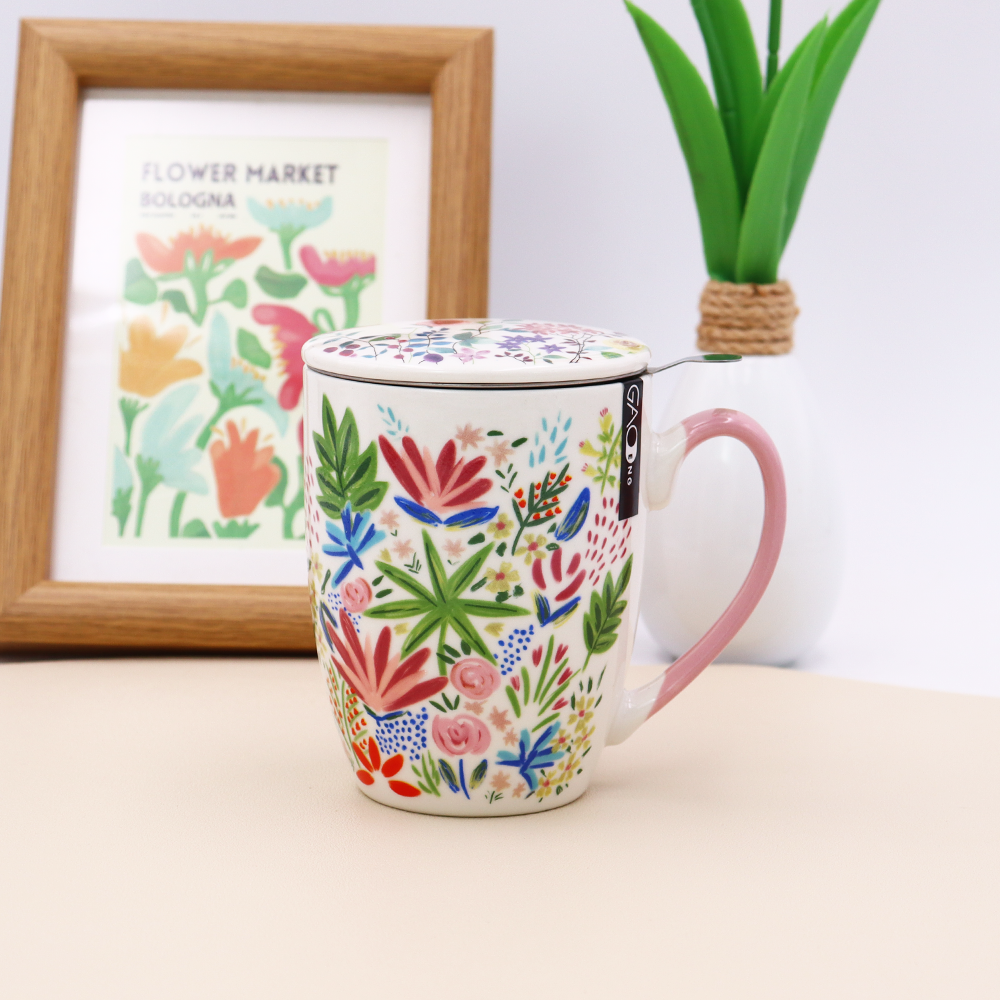 Beautiful  Flower Design Ceramic Chinese Tea Cup, Mother's Day Gift Mug with Infuser and Lid
