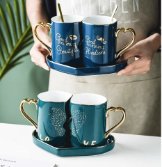 New Arrival Ceramic Couple Mug with Heart Shaped Handle Custom Printing Coffee Mug for Valentine's Day