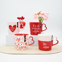Wholesale New Valentine's Day Gift Mug Red Color Ceramic Cup With Heart Shaped Handle Couple Ceramic Mug