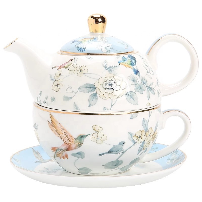 Wholesale Custom Decal Printed Nordic Porcelain Teapot Flower Tea Pot White Ceramic Tea Cup Set for One with Gift Box