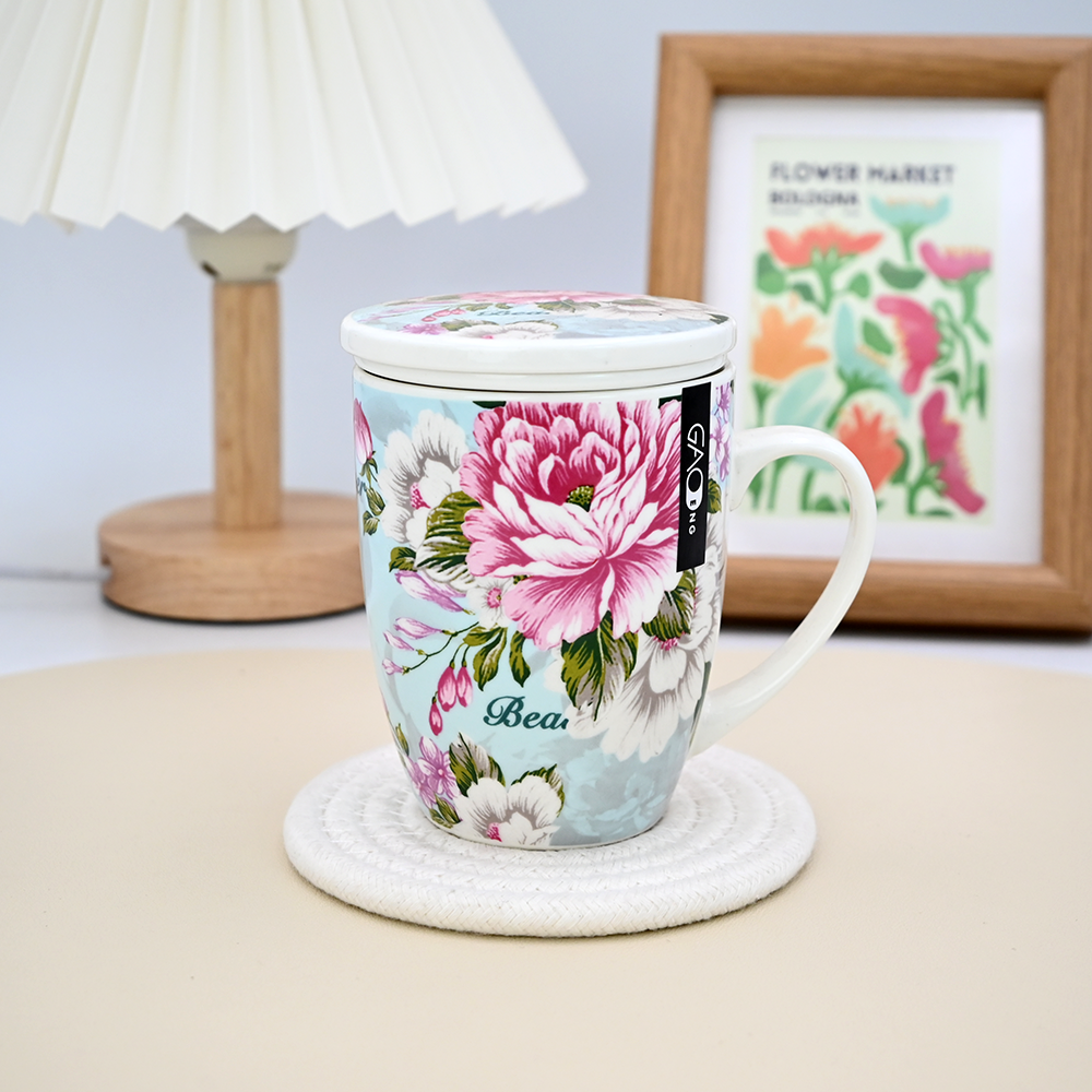 Wholesale Custom Nordic British Flower Decal Ceramic Green Tea Mugs with Lid