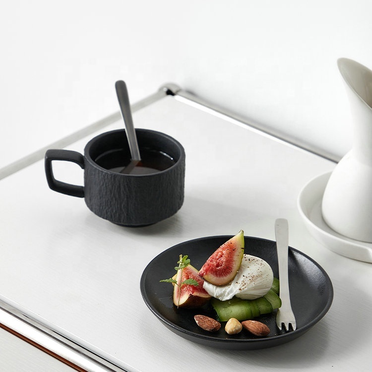 Nordic High Grade Ceramic Coffee Cup and Saucer Set  Premium White and Black Stone Textured Espresso Cup