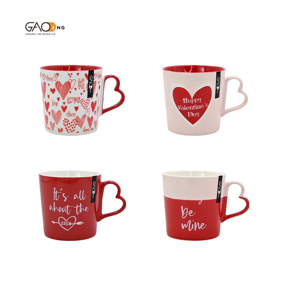 Wholesale New Valentine's Day Gift Mug Red Color Ceramic Cup With Heart Shaped Handle Couple Ceramic Mug