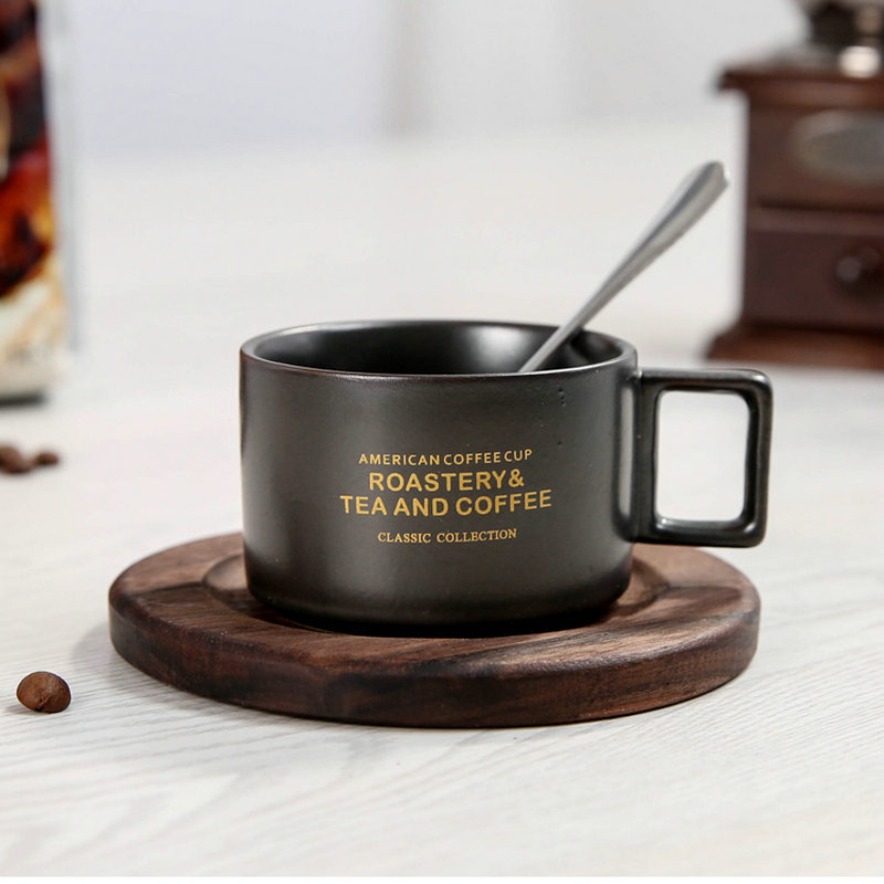 3OZ Ceramic Coffee Espresso Cup and Saucer with Reactive Glaze Small Gold Plating Cup with Wooden Plate Small  Tea Cup