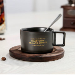 3OZ Ceramic Coffee Espresso Cup and Saucer with Reactive Glaze Small Gold Plating Cup with Wooden Plate Small  Tea Cup