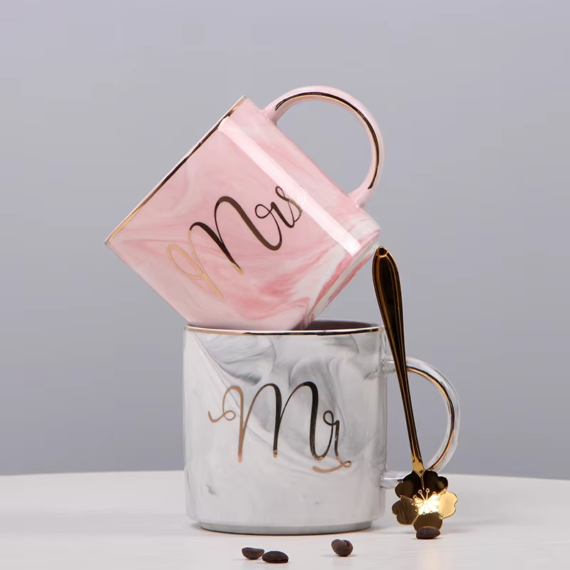 Custom logo European Marble Ceramic Mug Creative Wedding Gifts Mugs for Couple Coffee Mug Set