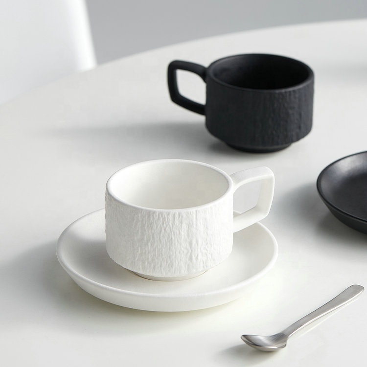 Nordic High Grade Ceramic Coffee Cup and Saucer Set  Premium White and Black Stone Textured Espresso Cup