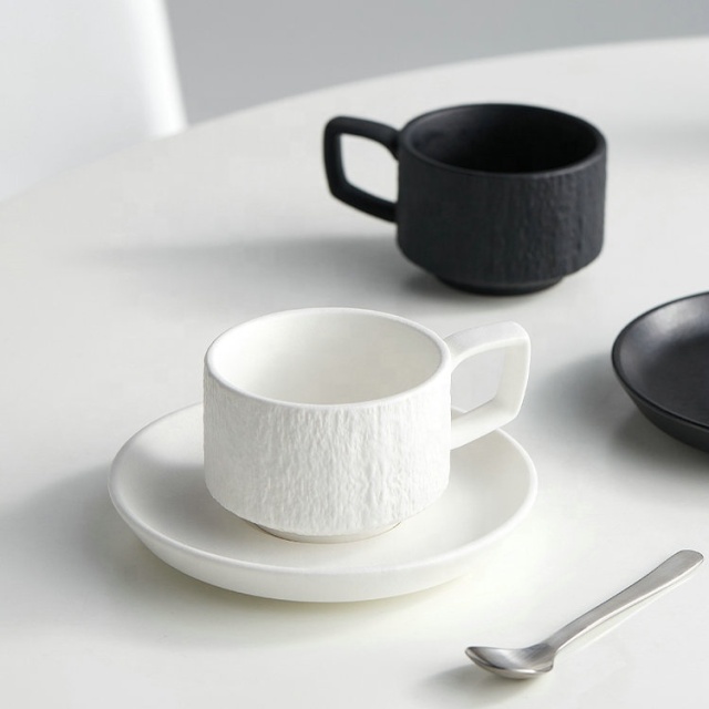 Nordic High Grade Ceramic Coffee Cup and Saucer Set  Premium White and Black Stone Textured Espresso Cup