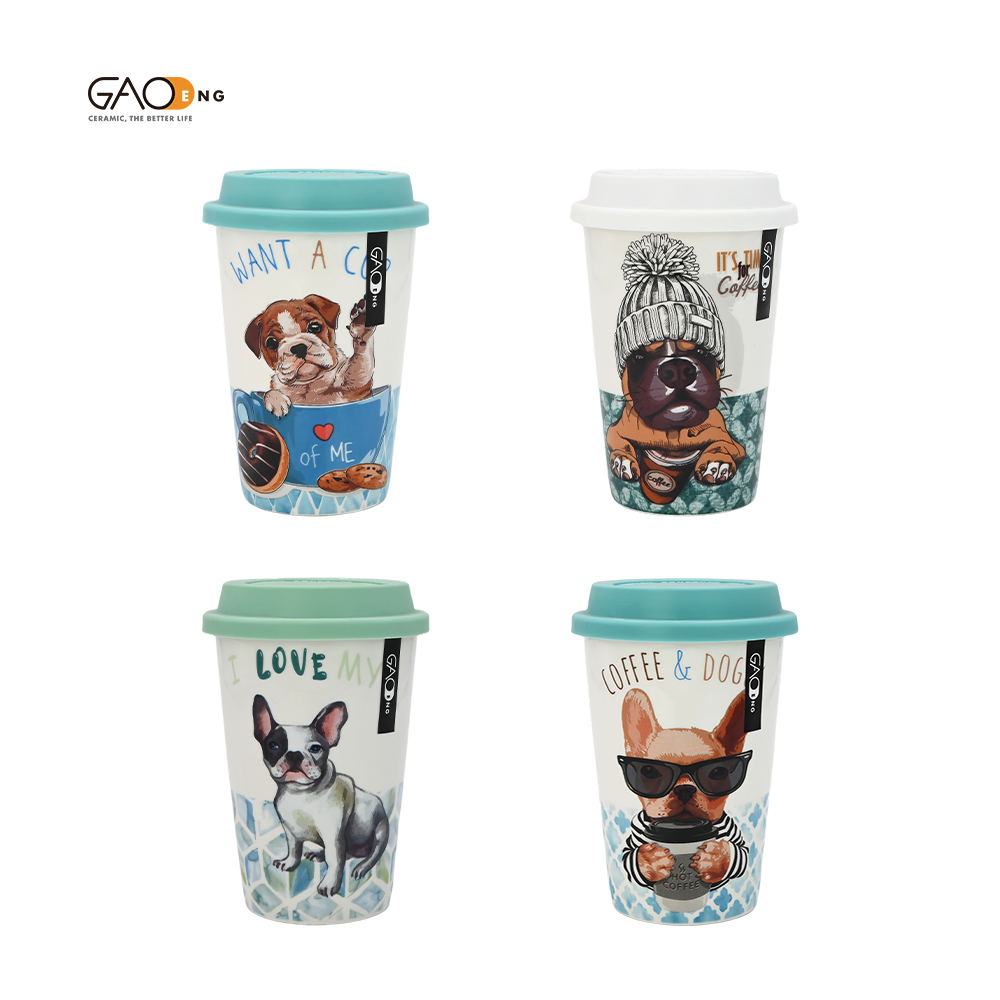 2025 New Design Cute Dog Coffee Mug Ceramic Double Wall Travel Mug With Silicone Mug Lid