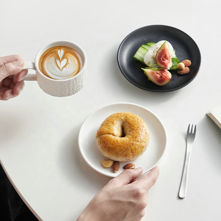 Nordic High Grade Ceramic Coffee Cup and Saucer Set  Premium White and Black Stone Textured Espresso Cup