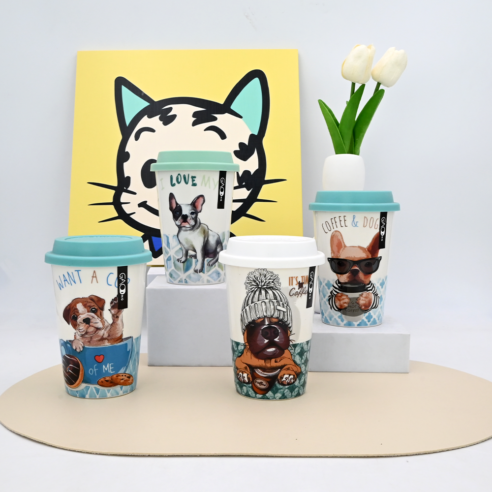 2025 New Design Cute Dog Coffee Mug Ceramic Double Wall Travel Mug With Silicone Mug Lid