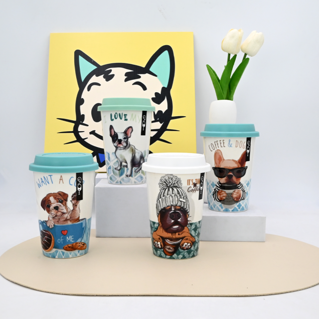 2025 New Design Cute Dog Coffee Mug Ceramic Double Wall Travel Mug With Silicone Mug Lid