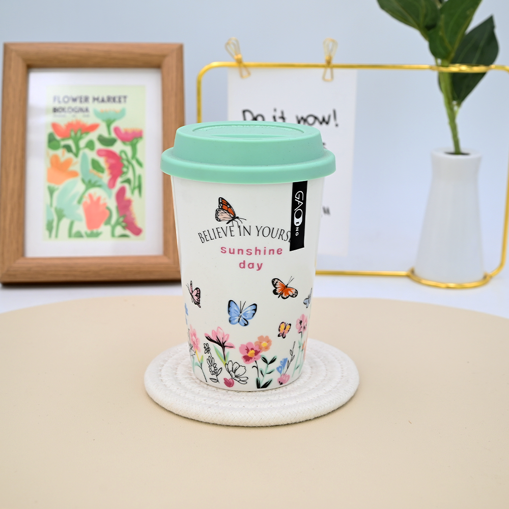 Customizable logo Eco-friendly Travel Ceramic Coffee Mug with Silicone Lid