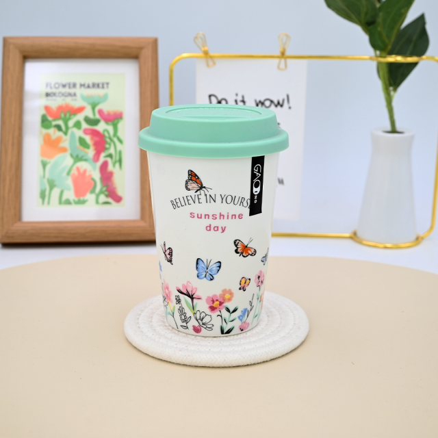 Customizable logo Eco-friendly Travel Ceramic Coffee Mug with Silicone Lid