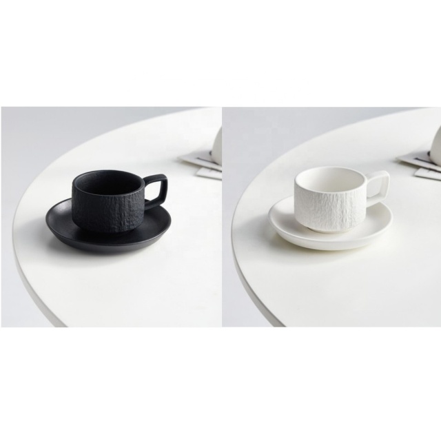 Nordic High Grade Ceramic Coffee Cup and Saucer Set  Premium White and Black Stone Textured Espresso Cup
