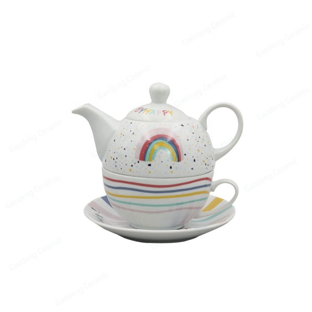 New Arrivals of Porcelain Ceramic Coffee Cup and Saucer New Bone China Tea Pot With rainbow Design