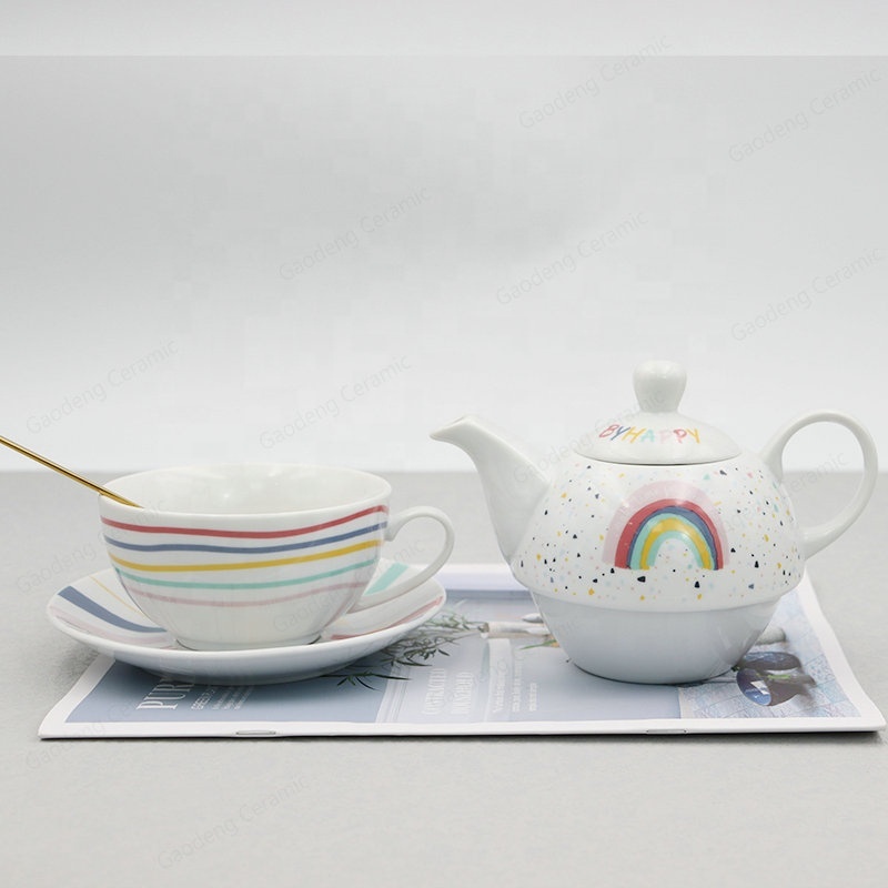 New Arrivals of Porcelain Ceramic Coffee Cup and Saucer New Bone China Tea Pot With rainbow Design