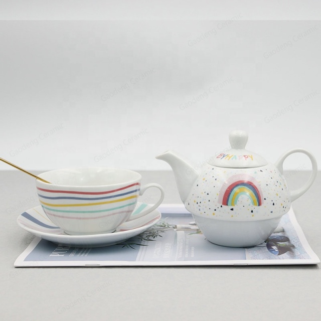 New Arrivals of Porcelain Ceramic Coffee Cup and Saucer New Bone China Tea Pot With rainbow Design