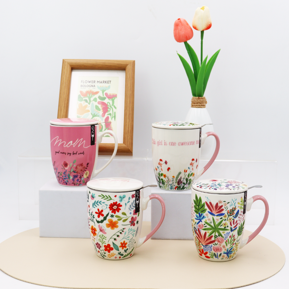 Beautiful  Flower Design Ceramic Chinese Tea Cup, Mother's Day Gift Mug with Infuser and Lid